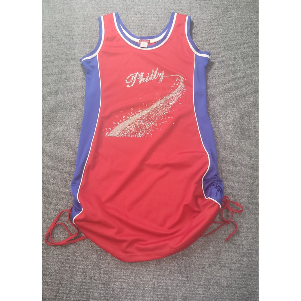 Bobo Jeans Philly Jersey Mini Dress Red Blue Sequin Ruched Drawstring Medium